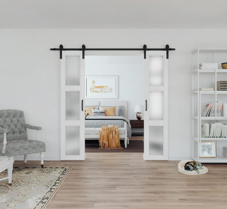 Photo 1 of ARKHJEM White Double Sliding Barn Door - 36" x 84", Sturdy and Durable 3 Panel Frosted Glass Sliding Barn Doors, Double Barn Doors with Hardware Needed to Assemble, Space Saving, Suitable for Living Room
