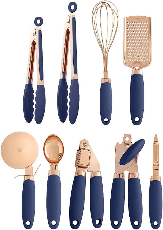 Photo 1 of COOK With COLOR 9 Pc Kitchen Gadget and Tongs Set - Copper Coated Stainless Steel Utensils with Soft Touch Silicone Handles
