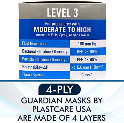 Photo 1 of Box of 50 4-Ply ASTM Level 3 Face Masks, Disposable (Blue) by PlastCare USA
