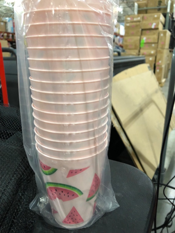 Photo 2 of 16 Count Pink Watermelon Plastic Cups for Summer and Kids Girls Birthday Party Supplies, 16 Oz
