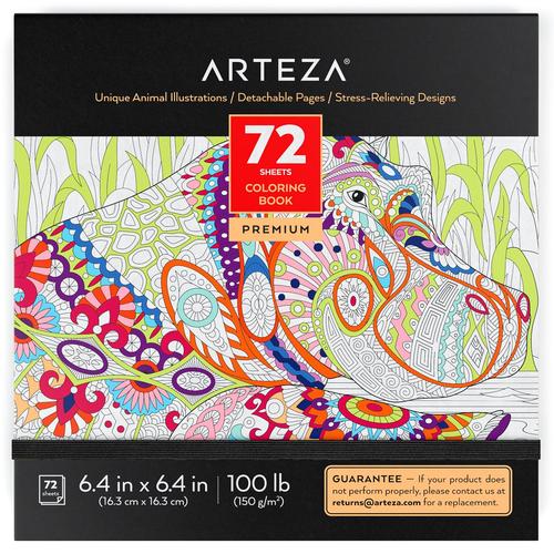 Photo 1 of Arteza Coloring Book for Adults, Animal Illustrations, 72 Sheets, 100 Lb, 6.4x6.4 Inches, for Anxiety, Stress Relief & Relaxing, Detachable Pages
