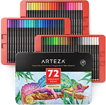 Photo 1 of Arteza Inkonic Fineliners Fine Point Pens, Set of 72 Fine Tip Markers with Color Numbers, 0.4mm Tips, Ergonomic Barrels, Brilliant Assorted Colors, Art Supplies for Coloring, Drawing & Detailing
