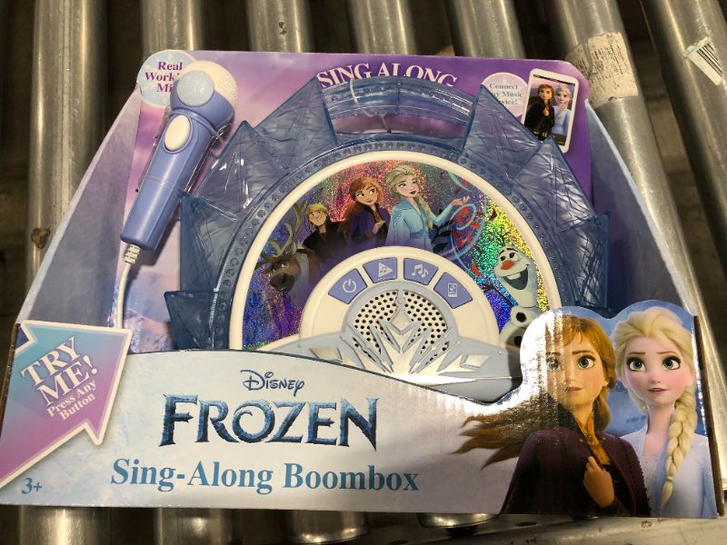 Photo 2 of Frozen 2 Sing Along Boombox with Microphone, Built in Music, Flashing Lights, Real Working Mic for Kids Karaoke Machine, Connects Mp3 Player Aux in Audio Device
