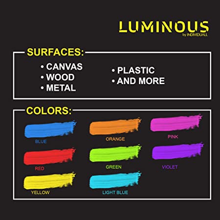 Photo 1 of Individuall Luminous Glow-in-the-Dark Paint - Set of 8 Self-Luminous Neon Paints – Long-Lasting Phosphorescent Paint – Glowing Neon Paint - 8 x 20 ml / 0.7 fl oz 
