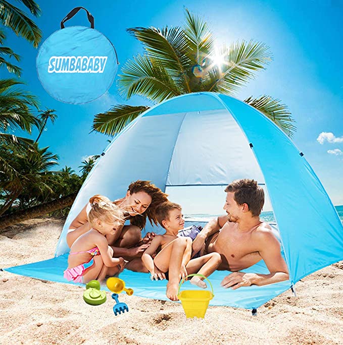 Photo 1 of Large Beach Tent UV Pop up Sun Shelter Tents, Big Portable Automatic Sun Umbrella, Waterproof/Windproof Instant Easy Outdoor Cabana, Fit 3-4 Persons for Camping, Hiking, Canopy with Carry Bag
