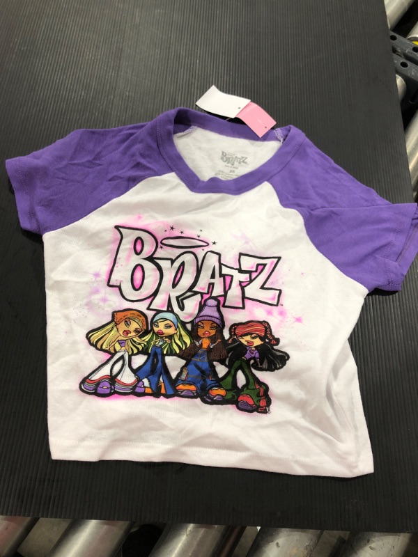 Photo 2 of Women's Bratz Ringer Short Sleeve Cropped Graphic T-Shirt - White
XS

