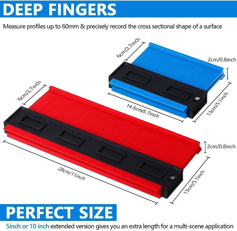 Photo 1 of 2 Pieces Plastic Contour Gauge Duplicator, 5 Inch and 10 Inch Gauge Shape Duplicator Profile Copy Gauge Shape Measure Ruler Tool for Woodworking (Blue and Red)
