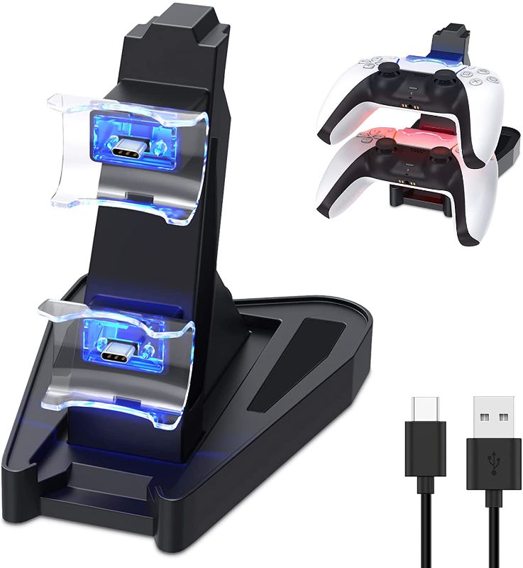 Photo 1 of Controller Charger for PS5 - Auarte Dual Controller Charging Dock Station Stand Compatible with Playstation 5, Dual USB Fast Charging Station & LED Indicator for DualSense Controllers, Black
