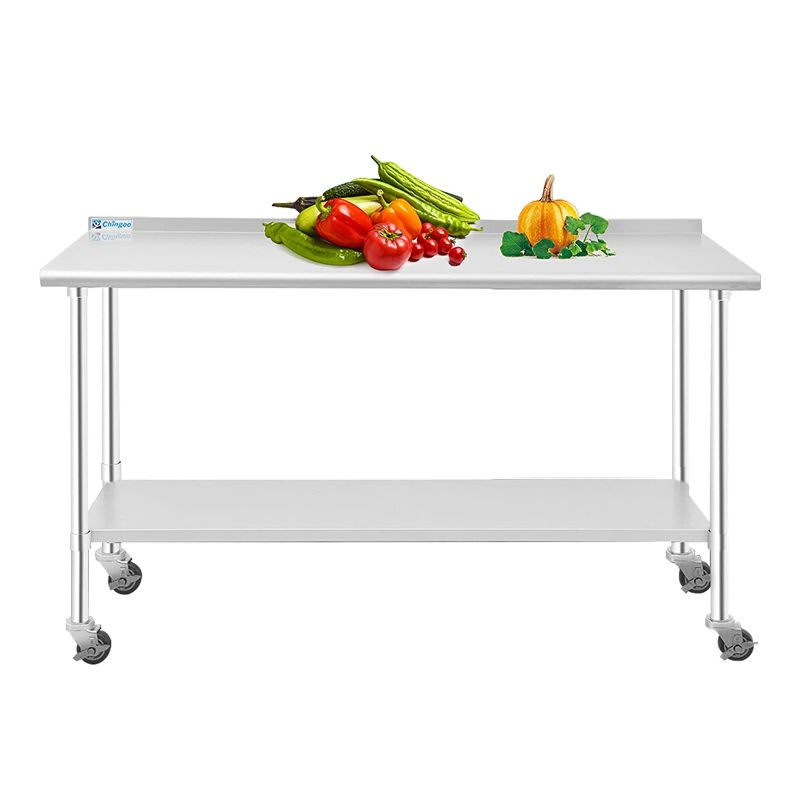 Photo 1 of Chingoo Stainless Steel Prep & Work Table with Wheels 24 x 60 Inches, Professional Heavy Duty Work/Food Prep Tables for Kitchen, Restaurant, Garage, Outdoor (with Backsplash & Undershelf)