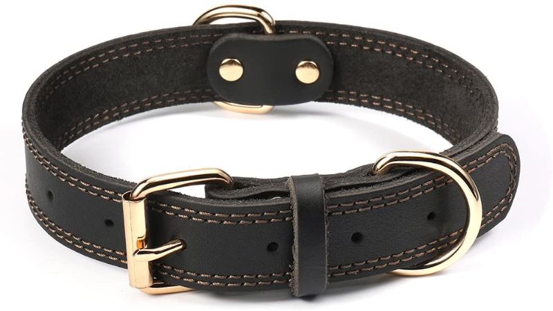 Photo 1 of DAIHAQIKO Leather Dog Collar Genuine Leather Alloy Hardware Double D-Ring 3 Best for Medium Large and Extra Large Dogs
