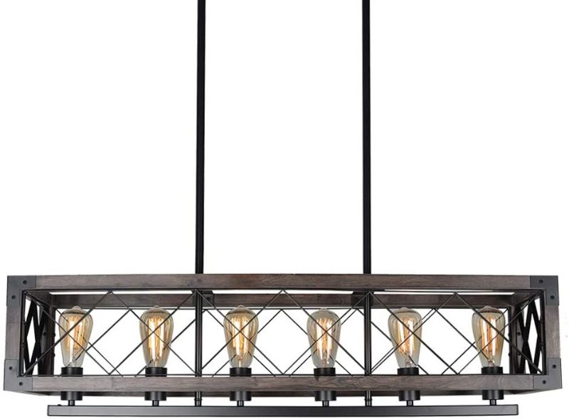 Photo 1 of Bizinlumin Long Wood Rectangle Cage Chandelier Light for Kitchen Island, Metal Farmhouse Dining Room Lighting Rustic Industrial Billiard Pool Table Edison Light Fixture 6 Lights E26 BY19005