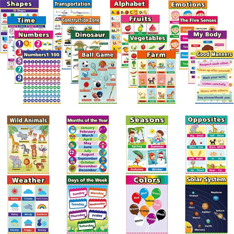 Photo 1 of Educational Posters for Kindergarten, Preschool Learning Posters, Laminated Learning Charts for Toddlers, Elementary Posters for Classroom, School Supplies Includes Time, Emotions (24 Pack)