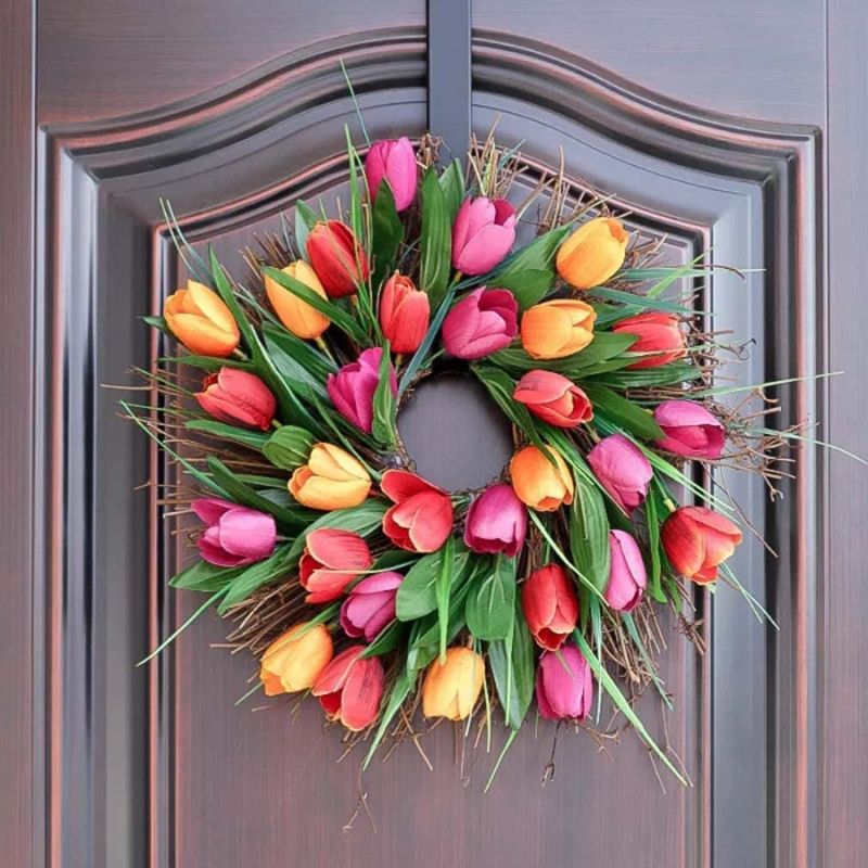 Photo 1 of Bright Spring Tulip Wreath, Tulip Wreaths, Fake Spring Silk Flower Wreath with Green Leaves Real Sere Vines, Beautiful Artificial Spring Summer Wreath, Colorful Cottage Wreath for Spring Decorations