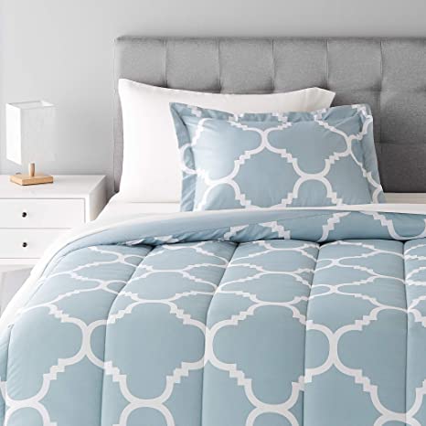 Photo 1 of Amazon Basics 5-Piece Lightweight Microfiber Bed-In-A-Bag Comforter Bedding Set - Twin/Twin XL, Dusty Blue Trellis
