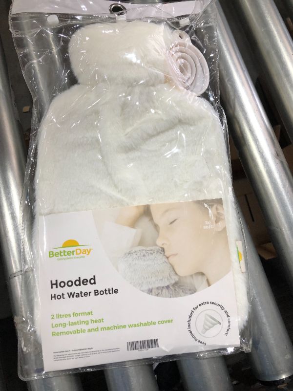 Photo 2 of [New!] BetterDay® Hooded Hot Water Bottle™ - Hot Water Bottle with Cover British Standard 1970:2012 Natural Rubber and Removable Cover - 2 Litre Large Hot Water Bottle with Soft Fluffy Cover (White)
