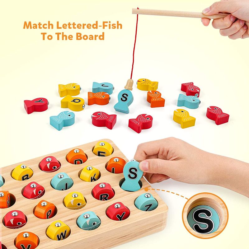 Photo 1 of Wooden Magnetic Fishing Game, Fine Motor Skill Toy ABC Alphabet Color Sorting Puzzle, Montessori Letters Cognition Preschool Gift for Years Old Kid Early Learning with 2 Pole