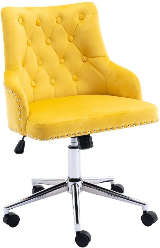 Photo 1 of Velvet Desk Chair Tufted Office Chair with Wheels Accent Vanity Chair Fabric Task Swivel Armchair for Bedroom Living Room Yellow
