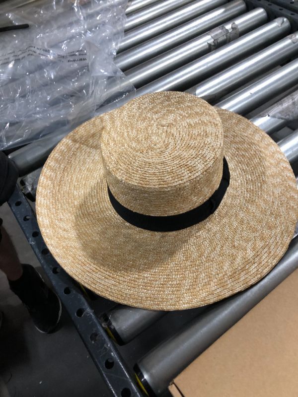 Photo 1 of FEMSÉE Straw Beach Hat - Sun Hats for Women and Men Flat Top Classic Boater Hat