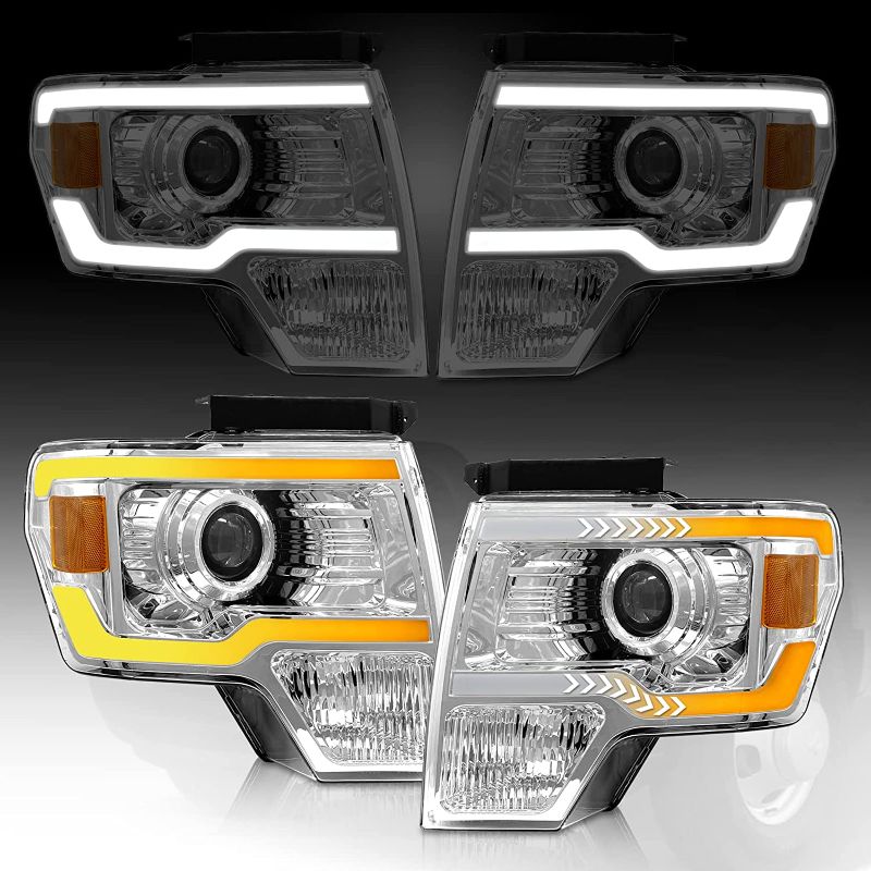 Photo 1 of ADCARLIGHTS Headlight Assembly for 2009-2014 Ford F150 Sequential turn signal led bar w/ Projector Left and Right 09-14 - Chrome housing
