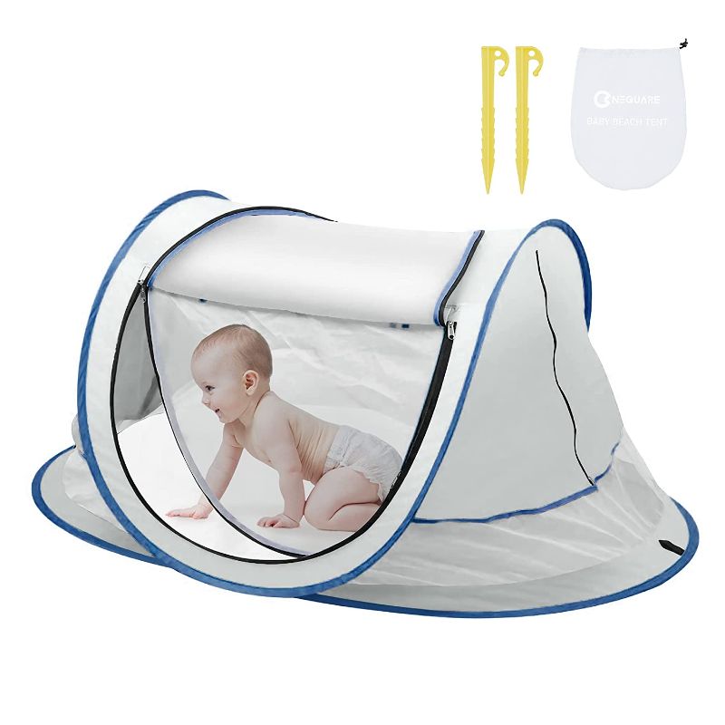 Photo 1 of Baby Beach Tent, NEQUARE Large Pop Up Tent for Beach, UPF 50+ Sun Shade Baby Tent, Baby Shade with Mosquito Net, Baby Beach Tent for Infant Blue