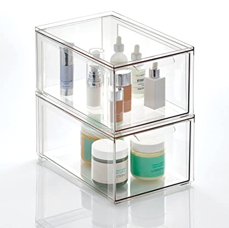 Photo 1 of mDesign Plastic Stackable Cosmetic Storage, Large Makeup Organizer, Vanity Container w/Easy Drawer for Bathroom Countertop Lipsticks, Bedroom Dresser Skin Care - Lumiere Collection - 2 Pack - Clear
