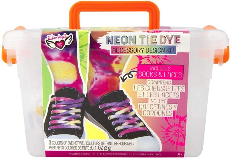 Photo 1 of Fashion Angels Tie Dye Kit - Neon Tie Dye Socks & Shoelaces Kit, Non Toxic Dyes, Complete Set with Socks, Shoe Laces, Gloves, Elastic Bands, and Storage Bin, Just Add Water, Includes Inspiration Guide
