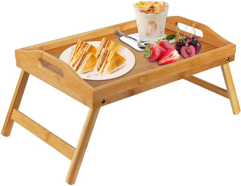 Photo 1 of Bamboo Bed Tray Table With Foldable Legs, Breakfast Tray for Sofa, Bed, Eating, Working, Used As Laptop Desk Snack Tray By Pipishell
