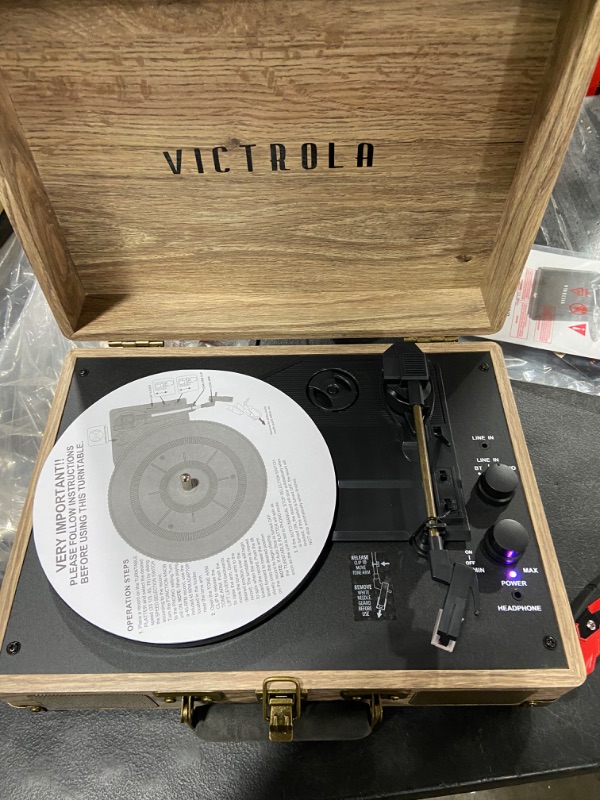 Photo 2 of Victrola Vintage 3-Speed Bluetooth Portable Suitcase Record Player with Built-in Speakers | Upgraded Turntable Audio Sound| Includes Extra Stylus | Brown
