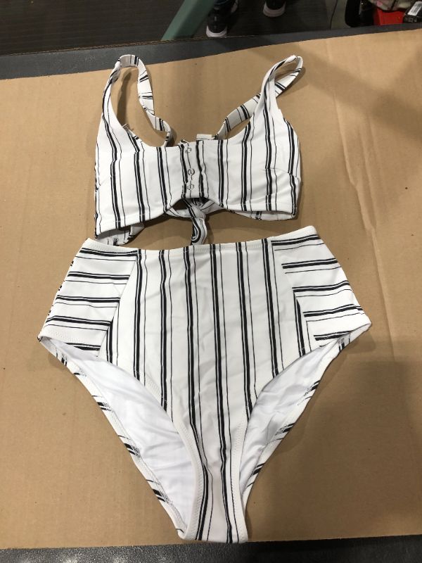 Photo 2 of (m) Black And White Vertical Stripe High Waisted Bikini
