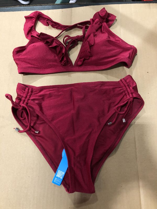 Photo 2 of (m) Savannah Burgundy Ruffle Crisscross Drawstring Bikini
