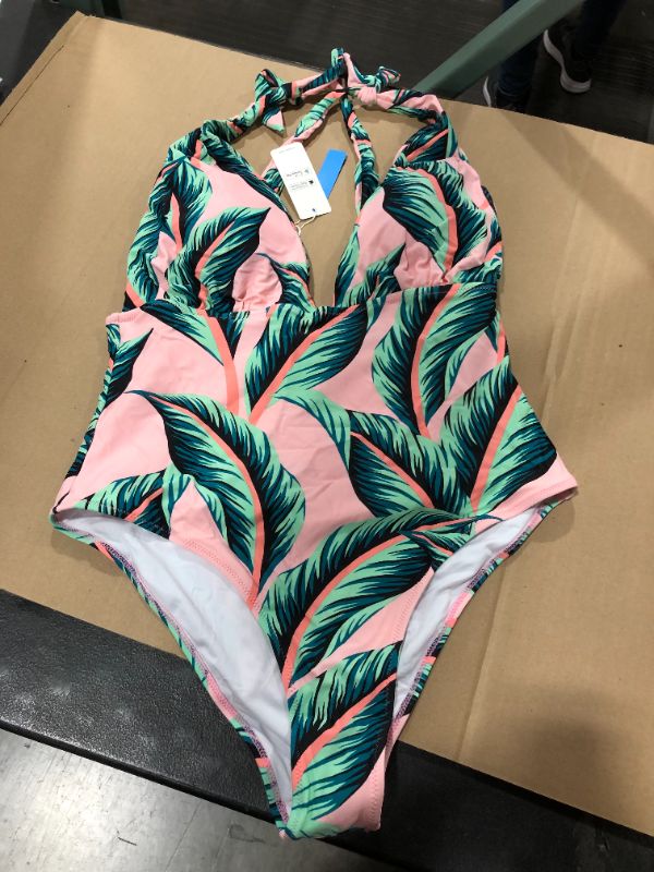 Photo 2 of (2XL) Pink Palm Print One Piece Swimsuit
