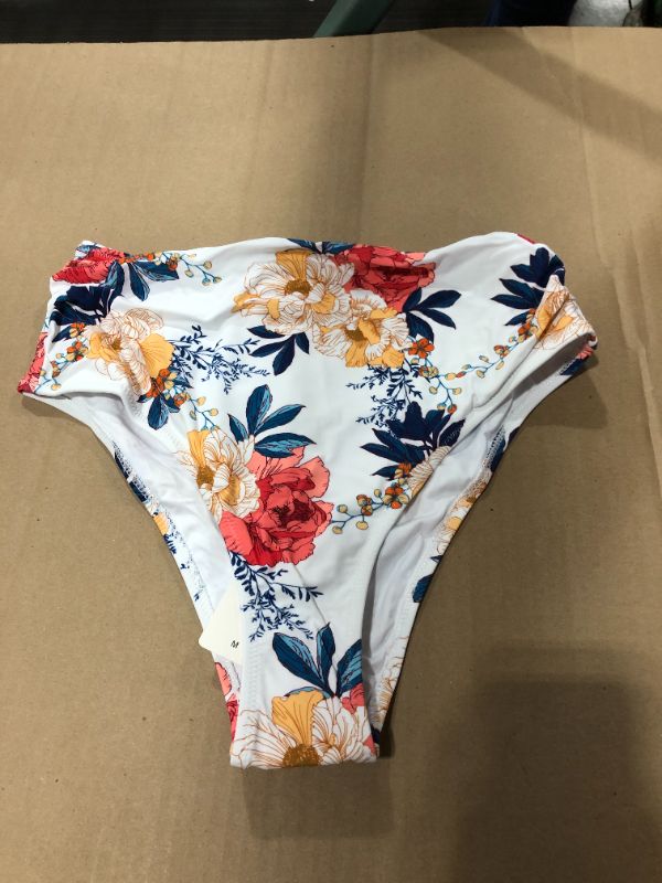 Photo 1 of (m) White Floral Shirring High Waisted Bikini Bottom
