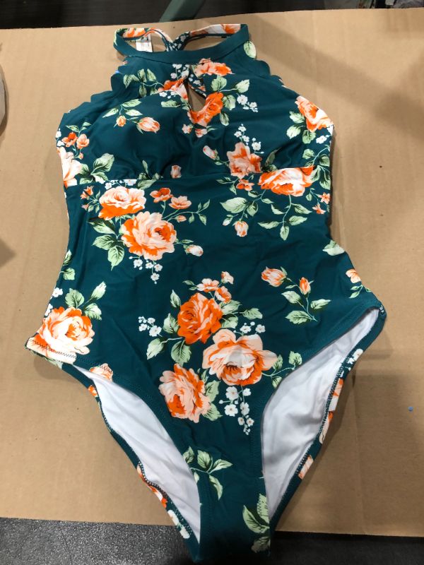 Photo 1 of (M) Teal Floral Scalloped One Piece Swimsuit
