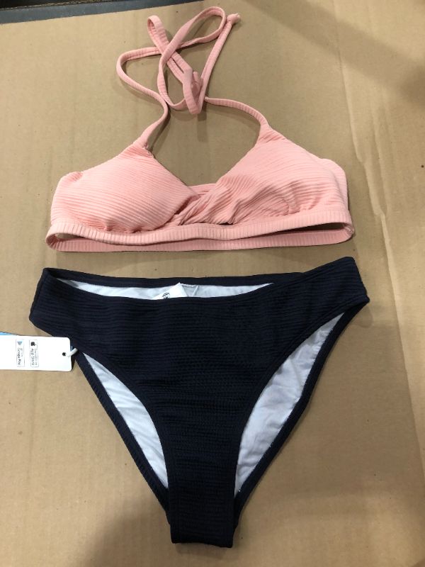 Photo 2 of (S) Textured Pink And Navy Halter Bikini
