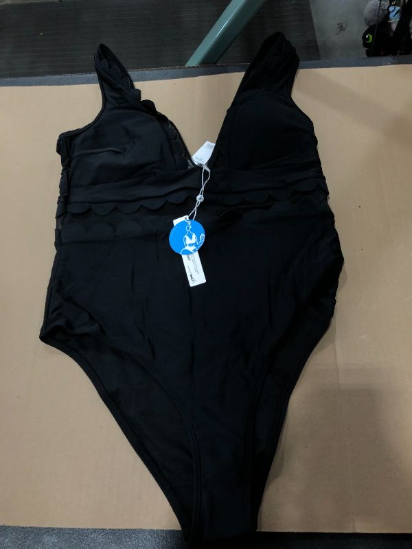 Photo 2 of (XL) Solid Black V-Neck One Piece Swimsuit
