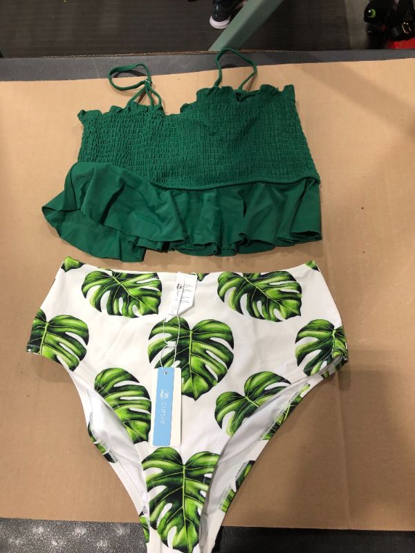 Photo 2 of (L) Smocked Green And Monstera High Waisted Bikini
