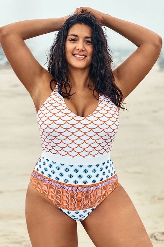 Photo 1 of (3X) Fish Scales Printed Plus Size One Piece Swimsuit
