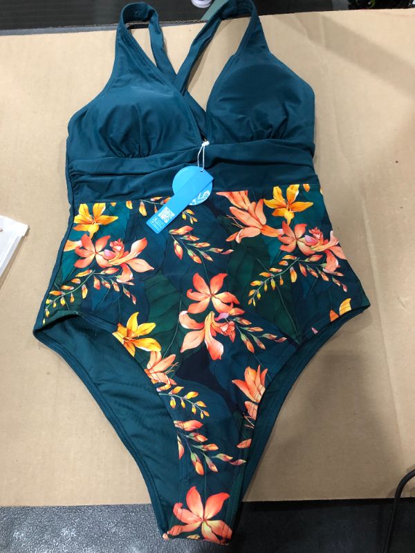 Photo 2 of (L) Eleanor Floral Plunge Criss Cross One Piece Swimsuit
