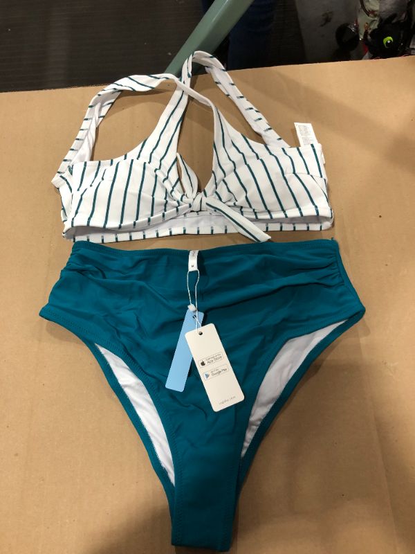 Photo 2 of (m) Teal Solid And Striped High Waisted Bikini
