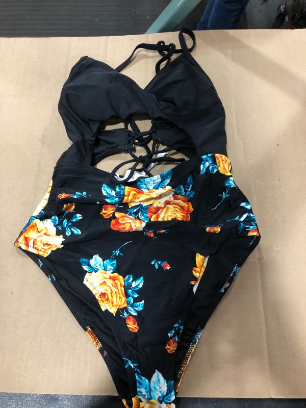 Photo 1 of (L) Black Floral Print Halter One Piece Swimsuit
