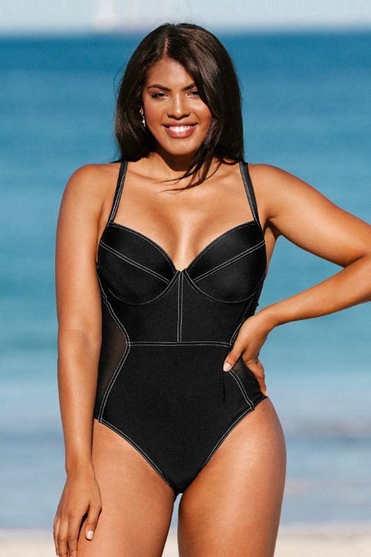 Photo 1 of (0X) Ivory Contrast Stitched Plus Size One Piece Swimsuit
