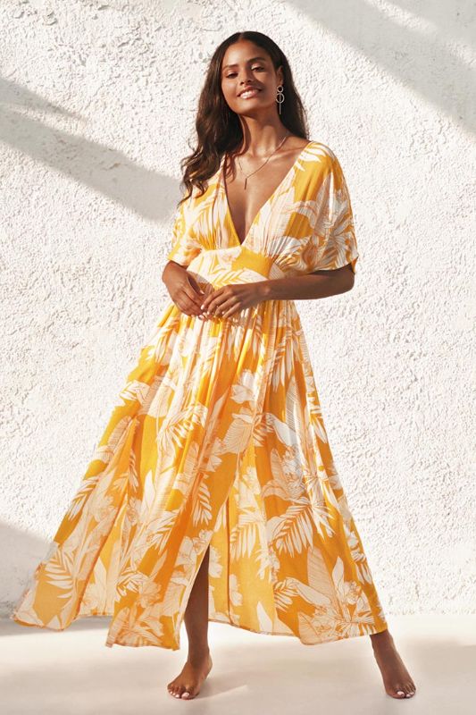 Photo 1 of (S) Selena Yellow Floral V-Neck Midi Dress
