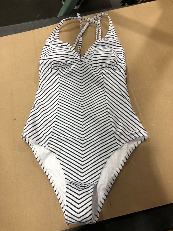 Photo 2 of (S) Black And White Stripe V-Neck One Piece Swimsuit
