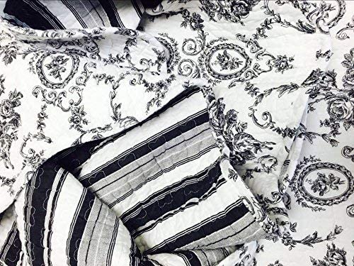 Photo 1 of Cozy Line Home Fashions French Medallion Black White Grey Rose Flower Pattern Printed 100% Cotton Bedding Quilt Set Reversible Coverlet Bedspread (Black White, Queen - 2 Piece)
