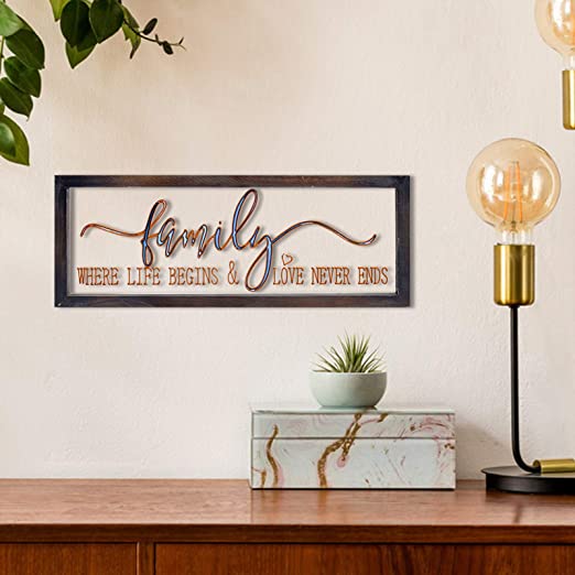 Photo 1 of G-LEAF Family Where Life Begins & Love Never Ends Wall Decor Signs Plaque Tempered Glass Background Wood Framed Wall Art