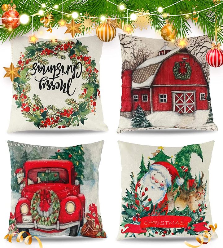 Photo 1 of Christmas Throw Pillow Cover Decorations, Holiday Xmas 18" X 18" Decorative Case Cushion Winter Covers for Sofa Couch Indoor Outdoor Cotton Linen Pillowcase with Zipper Home Festival Party Red Santa
