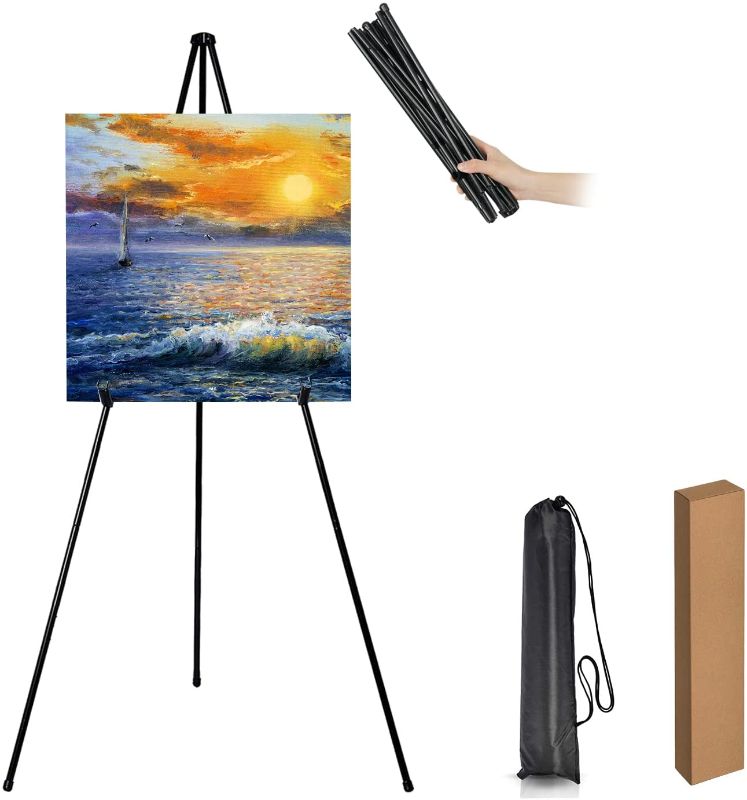 Photo 1 of 63" Tall Display Easel Stand,Adjustable Floor Standing Poster Easel,Easy Folding Telescoping Black Metal Arts Stand,Tripod Holds 5 lbs for Show/Displaying/Presenting (1Pack)
