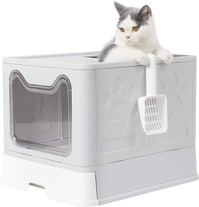 Photo 1 of BingoPaw Large Foldable Cat Litter Box with Scoop Drawer,Portable Litter Boxes with Lid, Cat Potty,One Way Entry an-ti Leak Cat Supplies with Top Exit Anti-Splashing
