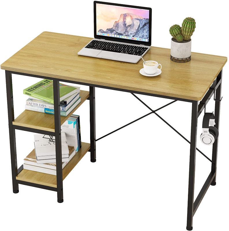 Photo 1 of Engriy Writing Computer Desk 39", Home Office Study Desk with 2 Hooks and Storage Shelves on Left or Right Side, Industrial Simple Workstation Wood Table Metal Frame for PC Laptop, Natural
