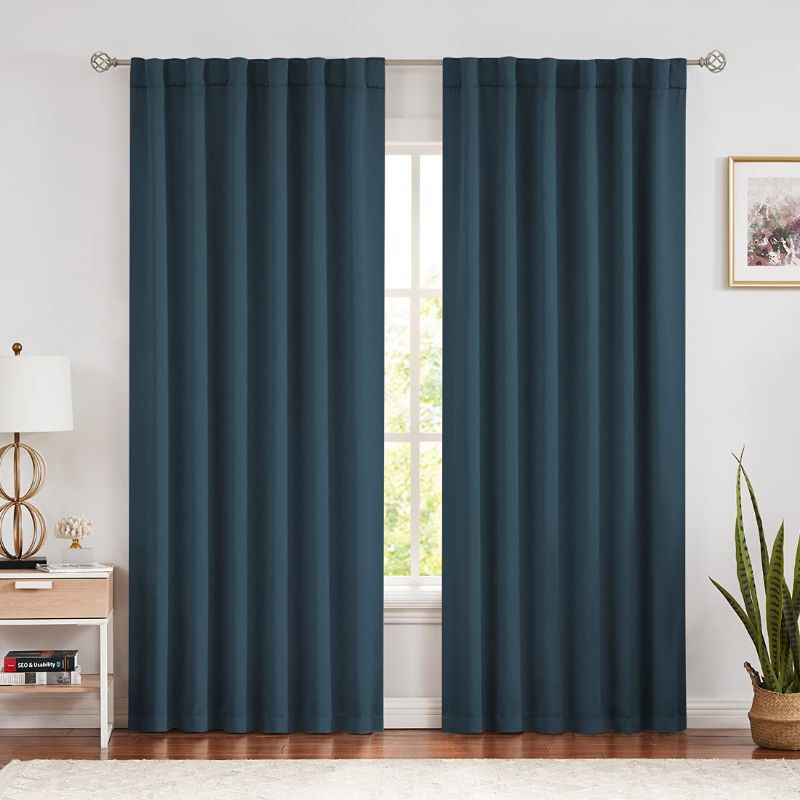 Photo 1 of Deep Blue 100% Blackout Blue Curtains 84 Inches Long for Bedroom Living Room, Back Tab/Rod Pocket 52" Wide Window Treatments Set 2 Panels, Thermal Insulated Triple Weave Drapes
